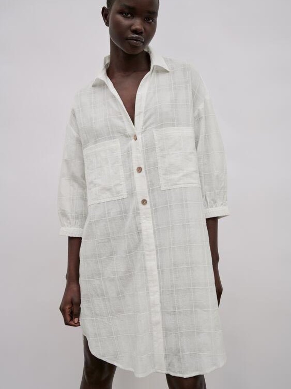 Zara White Lightweight Textured Cotton Check Shirt Dress - Small